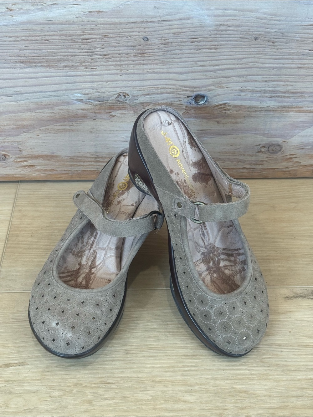 J-41 Taupe Suede Mary Jane Clogs with Perforated Toe